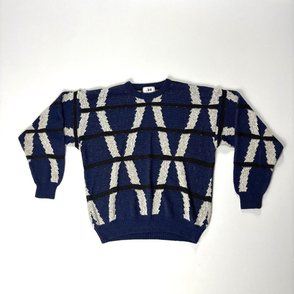 Vintage Jed Mens Acrylic Crewneck Sweater Blue Sz L Geometric Pattern Dad Cosby